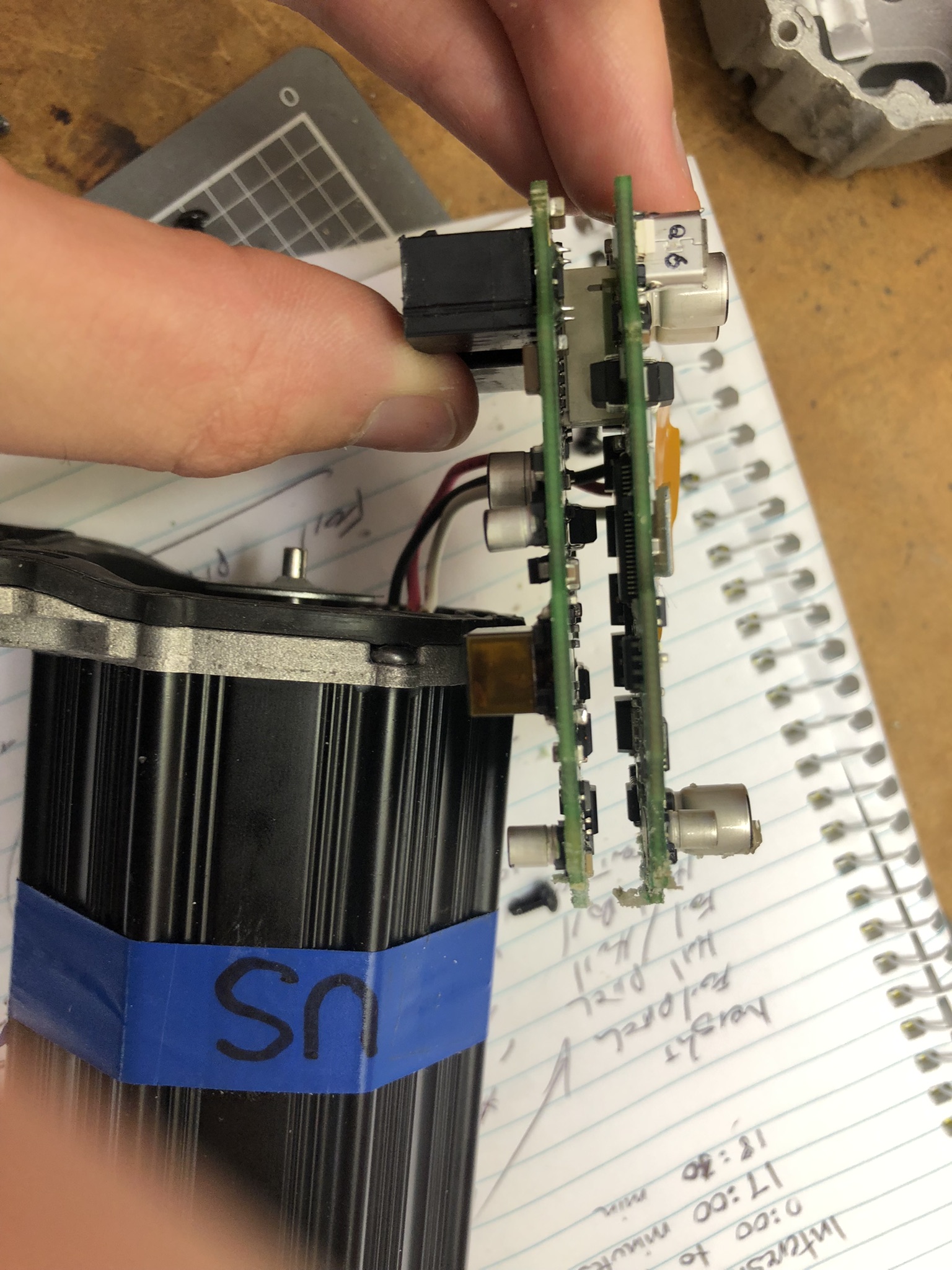 Electronics removed from heatsink is a 2-PCB setup using a board-to-board connector