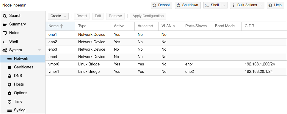 Proxmox network configuration page has two Linux bridges for two hardware ethernet ports