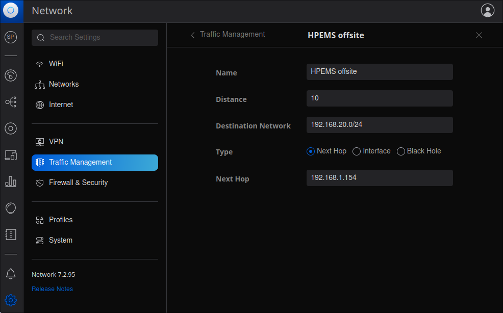 Unifi static route configuration provides next-hop between the local VPN container's IP and the 
