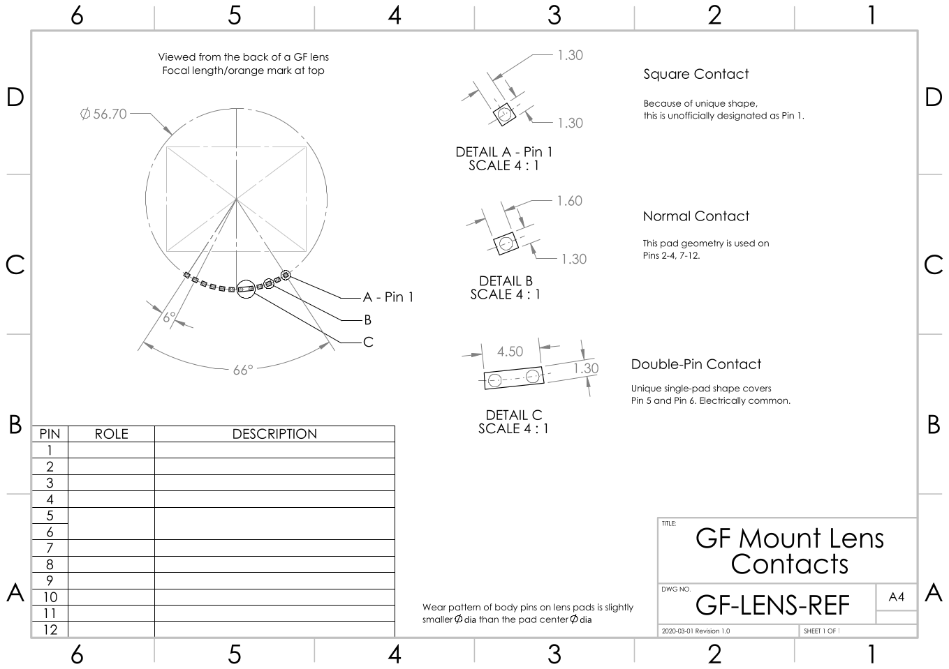 Dimensioned mechanical drawing of lens pin shapes and positions