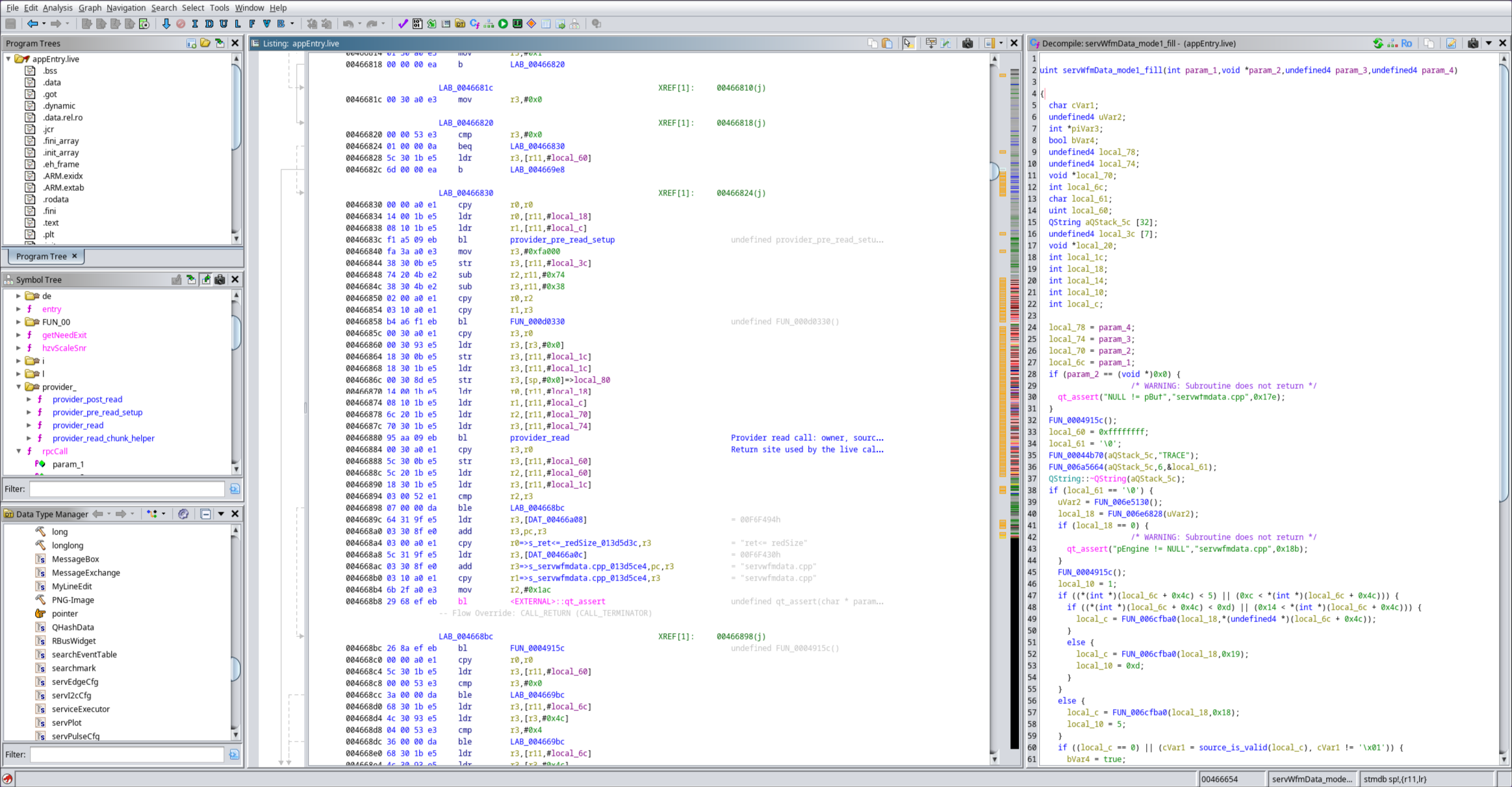Ghidra UI. Split assembly and disasm C views